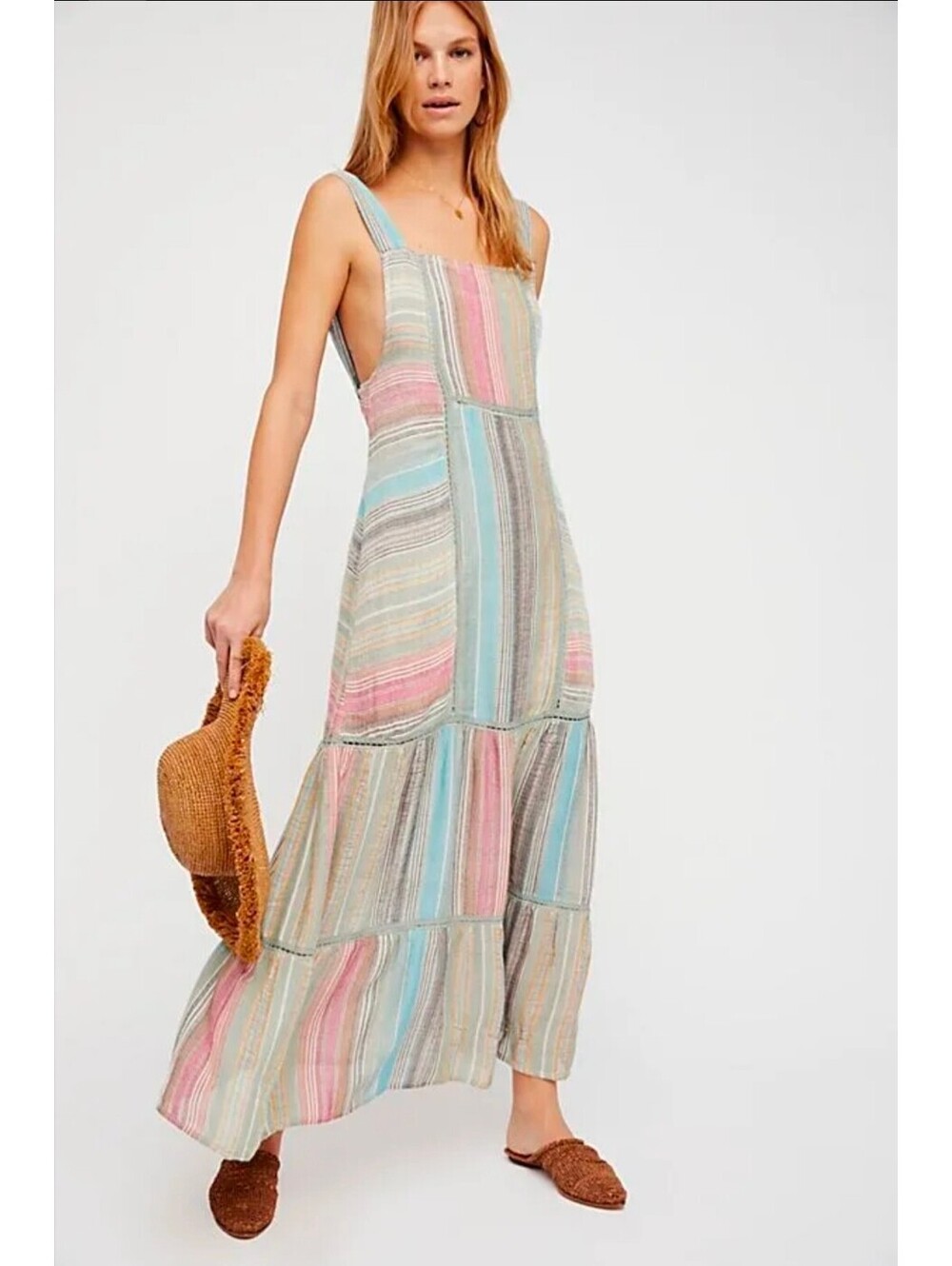 Free People Striped Maxi Dress with Pink Straps